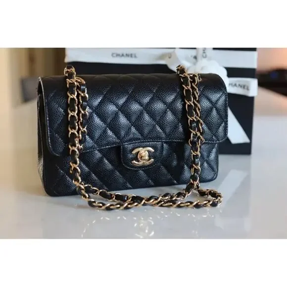 Chanel authentic 2021 Classic Small Black Caviar Flap Bag purse Gold chain - Picture 3 of 15